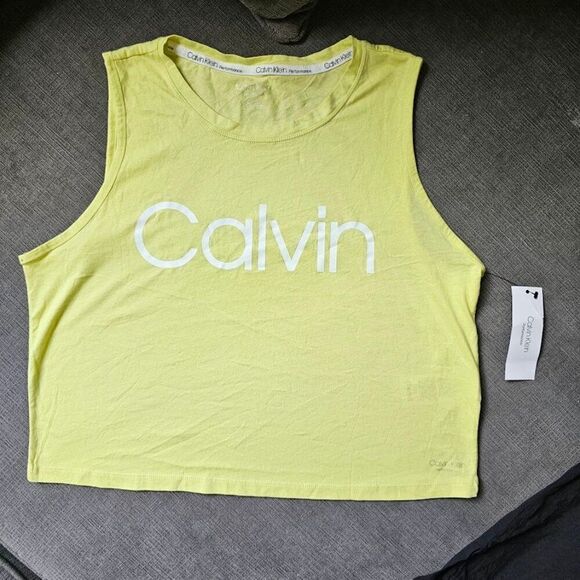 Calvin Klein Women's Yellow Logo Crop muscle Gym Tank Top Size Medium - Picture 1 of 6